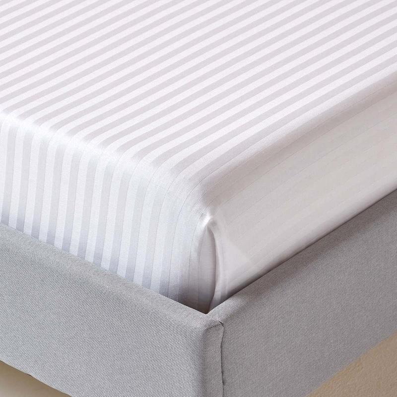 White Stripe Fitted Sheet King Size – Soft Polycotton Satin Stripe, Breathable & Wrinkle-Free Bed Sheet, Hotel Quality Bedding 1