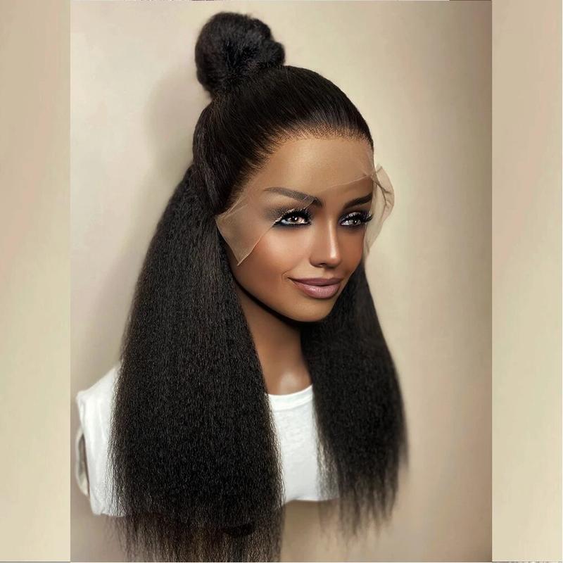 Soft Yaki Preplucked Black Color 26Inch 180Density Kinky Straight Lace Front Wig Synthetic Baby Hair Glueless Daily Wear Wig 4