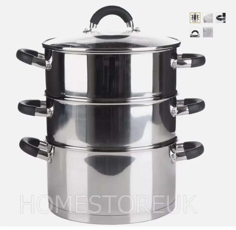 3 THREE TIER STAINLESS STEEL VEGETABLE FOOD STEAMER SET DISH INDUCTION POT Cookware Glass 3