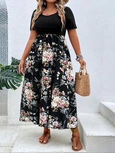 【Plus Size】 Floral Print A Line Dress, Modest Fashion Casual Round Neck Short Sleeve Dress for Daily Outdoor Wear, Women Plus Clothing for Summer, Plus Size Dresses, Womenswear