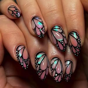 Butterfly Wings Pattern Fake Nails with 1 Nail File & 1 Sheet Tape, 24pcs Removable False Nails for Women Girls Nail Art, Effortless Press on Nails Set