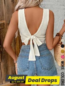 Women's Plain Tie Back Waffle Knit Tank Top, Casual Sleeveless Top for Daily Wear, Ladies Minimalist Clothes for All Seasons, Womenswear