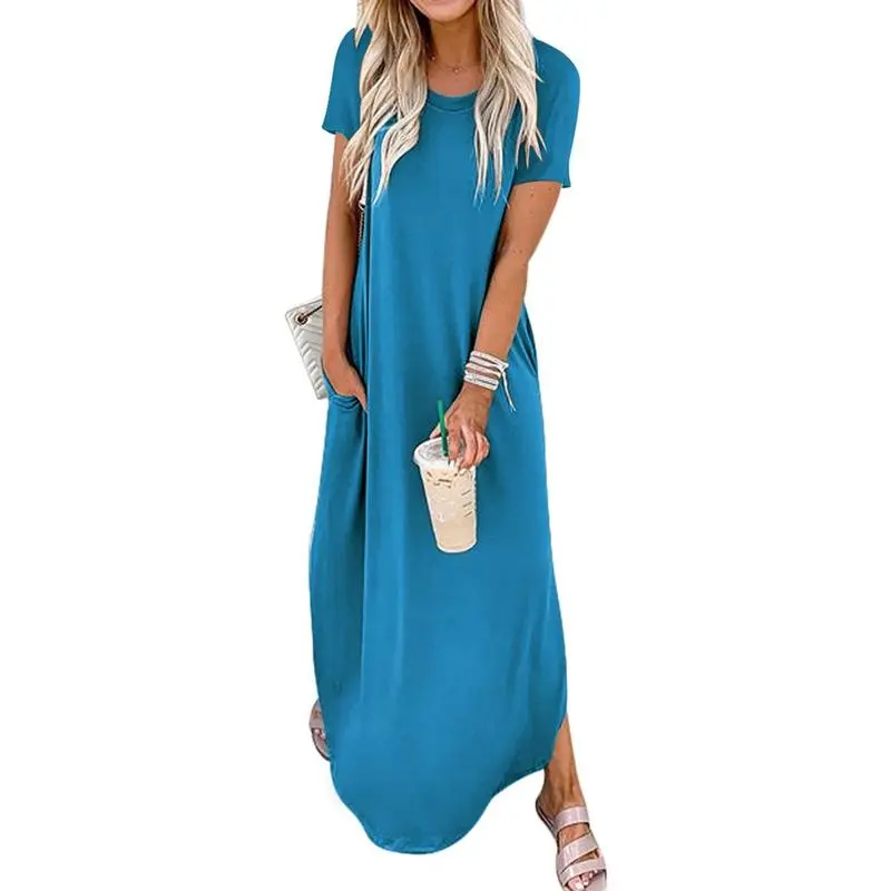 Women's Plain Pocket Round Neck Curved Hem Tee Dress, Ladies Frenchy Style Dresses, Maxi Dress for Women, Casual Short Sleeve Long Dress for Summer, Ladies Clothes for Daily Wear, Summer Dresses 2025 4