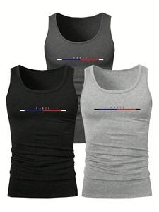 Men's Solid / Letter Print Ruched Tank Top, Regular Fit Casual Sleeveless Round Neck Top for Summer, Men's Clothes for Daily Wear