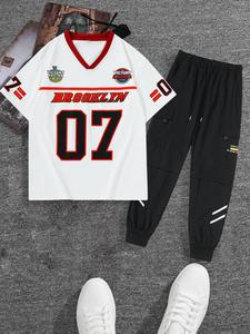 Men's Letter & Number Print Short Sleeve Tee & Pants Two-piece Set, Loose Casual Round Neck T-shirt & Trousers for Summer, Men's Two-piece Outfits for Daily Wear