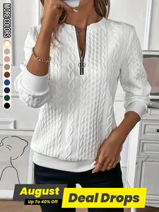 Women's Plain Textured Half Zip Up Sweatshirt, Casual Fitted Long Sleeve Round Neck Pullover for Fall & Winter, Ladies Clothes for Daily Wear, Tops, Clothes for Women, Basic Longsleeves Crewneck Womenswear