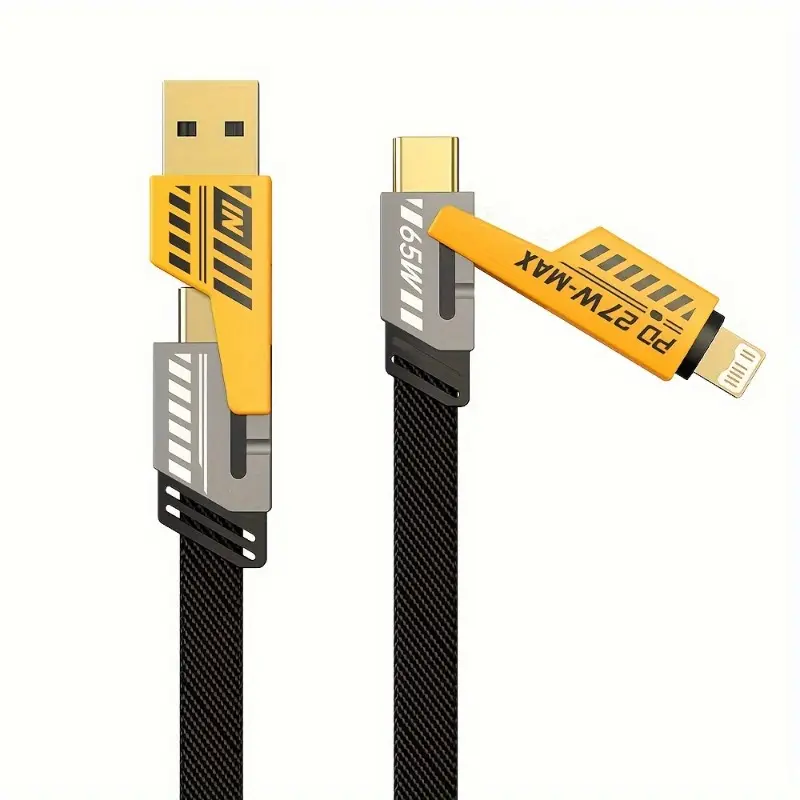 4-in-1 Fast Charging Cable, 150cm Dual Type-C & USB Lighting Connectors, Fabric Flat Cable, Matte Surface, USB Male to Male, Compatible with for iPhone,, USB Type C Charger Tablet Charge Cable 3