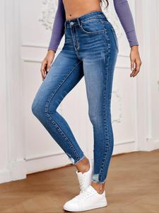 Women's Plain Ripped High Waist Skinny Jeans, Casual Fashion Cropped Denim Pants for Daily Outdoor Wear, Women Bottoms for Fall & Winter