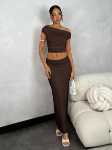 Women's Solid Asymmetrical Neck Top & High Split Hem Skirt Two-piece Set, Casual Basic Top & Skirt for Daily Wear, Ladies Summer Clothes, Suits, Minimalist Womenswear, Casual Matching Set, Matching Clothing Set, Casual Fashion Set