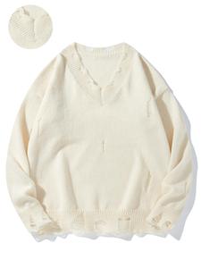 Men's Solid Ripped Drop Shoulder Sweater, Regular Fit Casual Long Sleeve V Neck Jumper for Fall & Winter, Men's Knitwear for Daily Wear