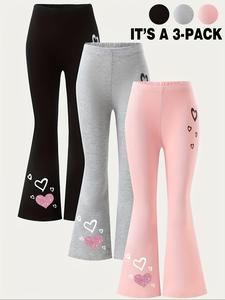 Girl's Heart Print Flare Leg Pants, Casual Comfy Bell Bottom Trousers for Daily Wear, Kids Bottoms for Spring & Fall, Stretch Pants