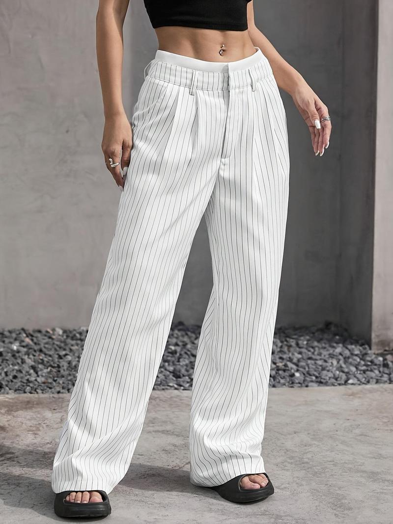 Product Introduction of Women's High-Waist Striped Wide-Leg Blazer Pants - Navy Blue & White Vertical Stripes, Polyester, Casual Style, Machine Washable, Spring/Summer/Fall Wear, Versatile Legwear | Wideleg Design | Glossy Texture, Wide Leg Pants 15