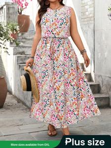 【Plus Size】 Floral Print Round Neck Dress, Casual Sleeveless Long Dress for Holiday Vacation Daily Wear, Women's Plus Clothing for Summer