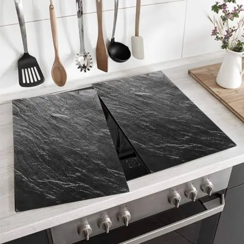 Set of 2 Glass Chopping Boards - 2pcs Universal Hob Cover Worktop Savers for Induction, Ceramic & Electric Stove - Non-Slip Tempered Glass Cutting Board - Black Slate Marble 3