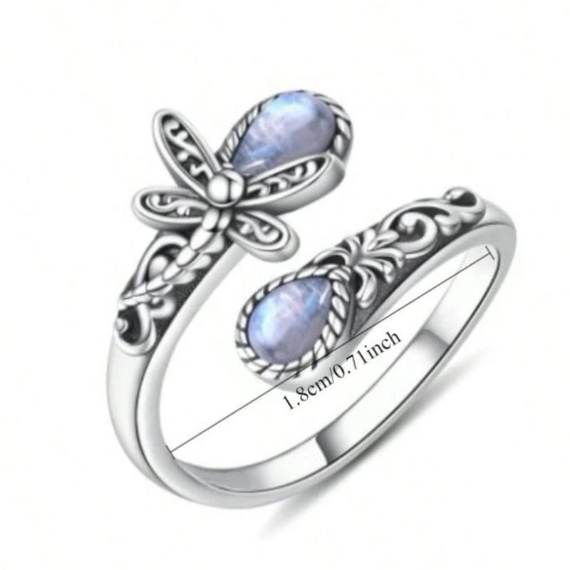 1pc Bohemian style moonstone dragonfly adjustable open ring, suitable for women daily wear, birthday gift 2