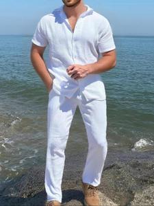 Two-Piece Set Men's Solid Color Short Sleeve Shirt & Pocket Beach Pants, Loose Casual Comfy Breathable for Summer, Men's Clothes for Beach Vacation