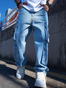 Men's Solid Flap Pocket Cargo Jeans, Loose Casual Fashion Denim Pants for Daily Wear, Men's Trousers for All Seasons, Cotton