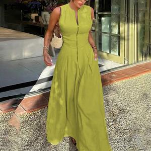 A-Line Loose Pleated Pockets Split-Joint Zipper Round-Neck Maxi Dresses