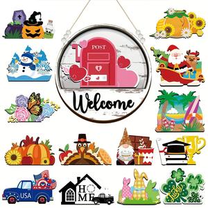 Interchangeable Welcome Sign for Front Door Decor, 15pcs Interchangeable Wooden Decor & 1 Count Round Hanging Sign, Halloween Themed Door Hanger, Festive Supplies