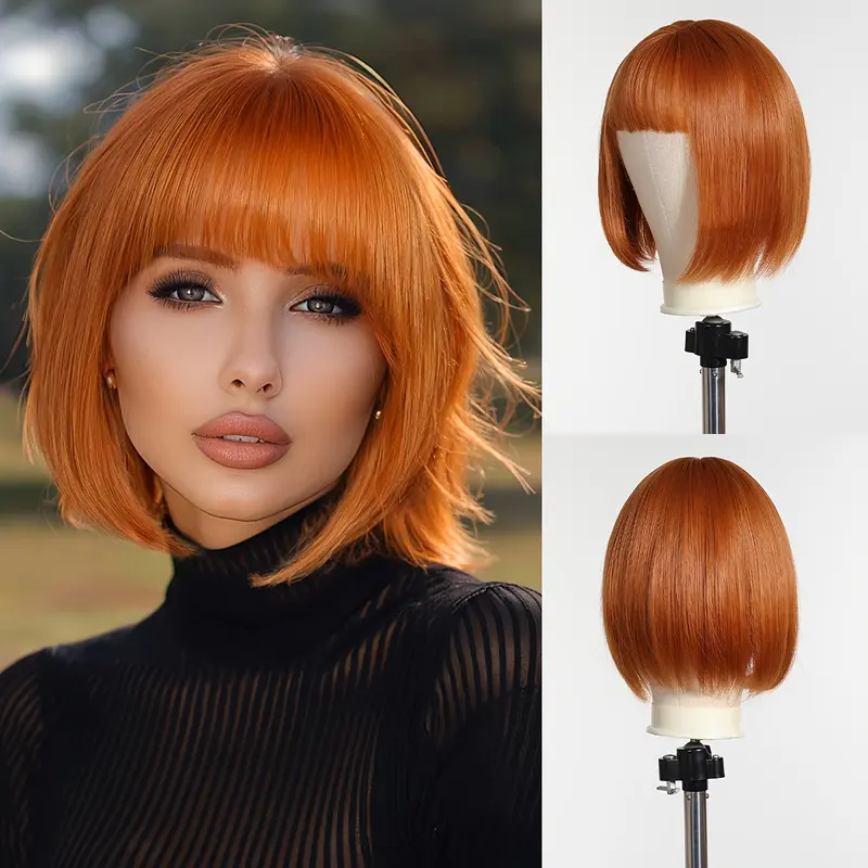 Chic 30.48cm Orange Short Bob Wig for Women - Beginner-Friendly, Heat Resistant Synthetic Hair with Bangs for Daily Wear & Cosplay 0