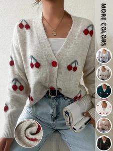 Women's Cherry Pattern Button Front Knit Cardigan, Elegant Long Sleeve Sweater Cardigan for Fall & Winter, Women's Knit Clothing for Daily Wear, Knitwear