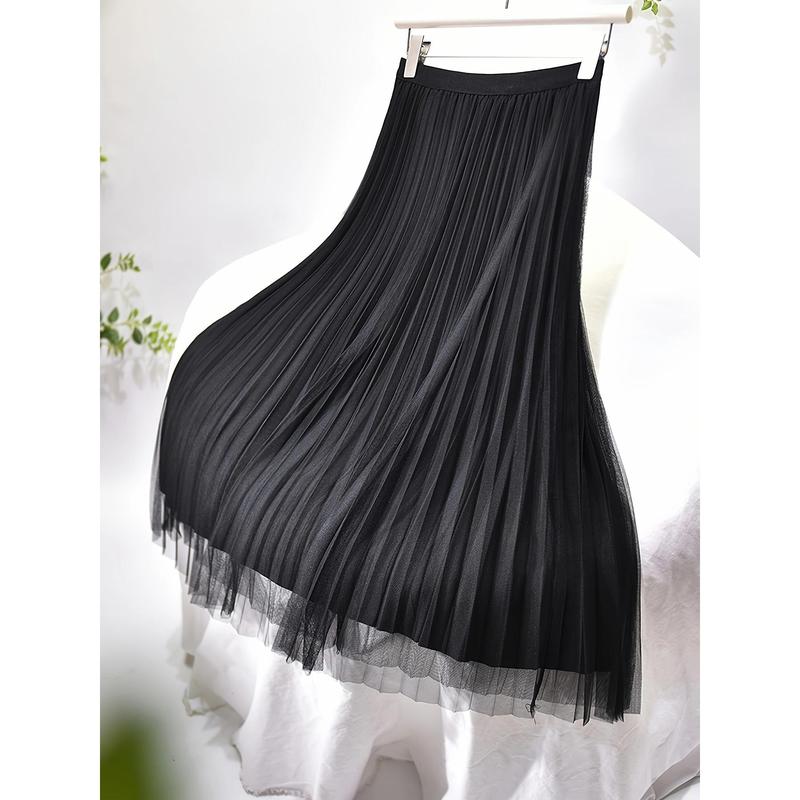 Polly Pocket Skirt Women'S Chic A-Line Pleated Skirt, 100% Polyester Knit Fabric, Solid Color, Elastic Waist, All-Season, Breathable Mesh Lining, 24g/m² - Elegant Midi Skirt 3