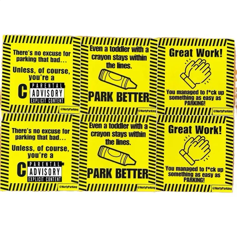 Prank Parking Stickers – 6x Mix pack - 2x Crayon, 2x Great work, 2x ‘C*NT’ - Joke Car Stickers for Awful Drivers 0