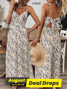 Women's All Over Print Jumpsuit, 1 Count Elegant Casual Boho Sleeveless Cami Jumpsuit for Summer, Women's Jumpsuit for Beach Holiday, Bohemian Womenswear, Casual Minimalist Jumpsuit, Open Back Jumpsuit, Chic Stylish Jumpsuit