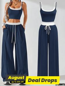 Two-Piece Set Women's Colorblock 2 in 1 Cami Top & Wide Leg Pants Set, Casual Sleeveless Top & Pocket Trousers, Ladies Summer Clothes