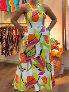 Women's Random Leaf Print Pocket Zipper Cami Dress, Casual Sleeveless Round Neck Long Dress for Beach Holiday Vacation, Ladies Clothes for All Seasons, Bohemian Womenswear, Sun Dress