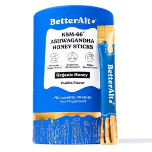 BetterAlt KSM-66 Ashwagandha Honey Sticks | Organic Multiflora Himalayan Honey | Helps Promote Relaxation, Focus | 1-Month Food Supplement