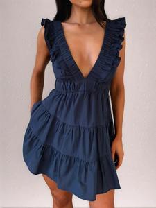 Women's Plain Deep V Neck Sleeveless Dress, Casual Breathable Dress for Summer, Women's Clothes for Daily Wear, Womenswear, Basque Waist Dress, Sundress, Ruffle V Neck, Lady