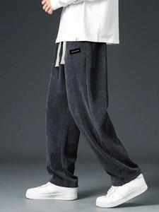 Men's Letter Patched Corduroy Sweatpants, Casual Comfy Straight Leg Trousers for Spring & Fall, Fashion Men's Bottoms for Daily Wear