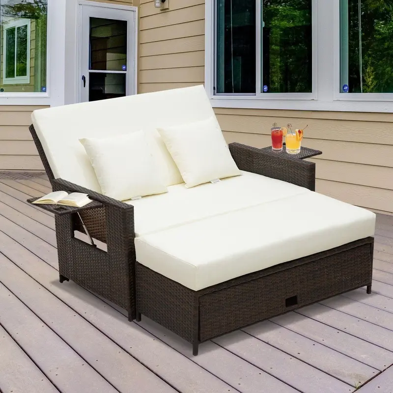 Brown 2 Seater Rattan Garden Daybed With Side tables and Thick Comfy Cushions - Perfect For Enjoying Long Lazy Summer Days 1