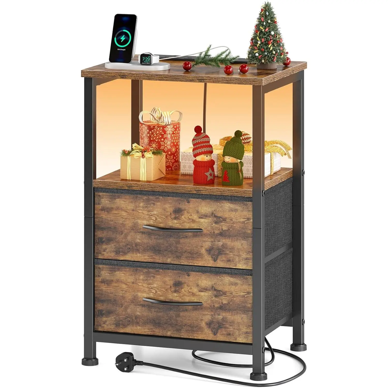 Bedside Table with Charging Station 40cm Wide Bed Side Table for Bedroom with 2 Fabric Drawers Small End Tables with Led Lights for Living Room Small Spaces Rustic Brown