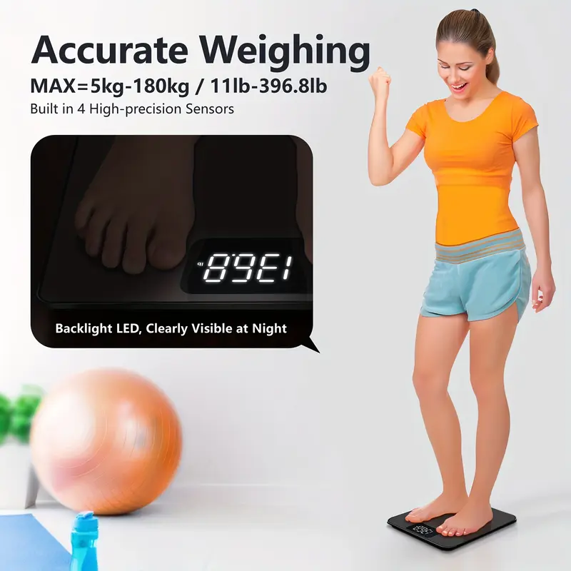 Digital Bathroom Body Scale | High-Precision, Sleek Black Design | Accurate to 45.36 g | LED Display | Battery-Powered (AAA Not Included) | Modern Minimalist Style for Home Use 2