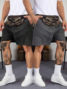 Men's Solid Color Camo Print Fake Buttons Shorts, Loose Casual Comfy Breathable Shorts for Summer, Men's Bottoms for Daily Wear