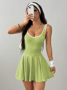 Women's Sporty Sleeveless Tennis Dress, Built-In Shorts & Bra, Twisted Cut Design, Ideal for Gym, Yoga, Casual, Solid, Active Dress