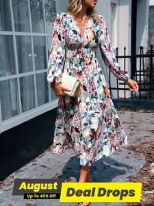 Women's All Over Floral Print Shirred V Neck A Line Dress, Elegant Bishop Sleeve Midi Dress for Fall & Winter, Women's Clothing for Vacation Holiday Party