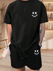 【Plus Size】 Men's Smile Face Print Crew Neck Tee & Drawstring Waist Shorts Set, Regular Fit Casual Comfy Fashion Round Neck Short Sleeve T-shirt & Pocket Track Shorts, Men Two-Piece Outfits for Summer, Men's Clothing