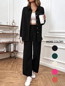Women's Solid Button Front Shirt & Elastic Waist Pants  Two Piece Set, Long Sleeve Top & Trousers, Co Ords for Women, Breathable Comfort Womenswear, Women's Co-ord Sets for Spring & Fall