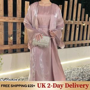 #CL40 3-piece suit, Lotus root pink romantic light and elegant abaya, Muslim shiny silk abayas, party solid skirts, cardigans and lining skirts