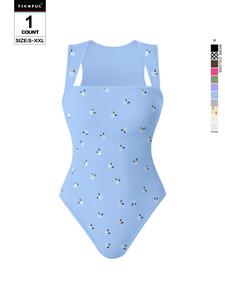 TIANFUC Women's Floral Print Square Neck Ribbed Shapewear Bodysuit, Casual Comfy Sleeveless Bodycon Shapewear Bodysuit for Daily Wear, Ladies Shapewear for All Seasons