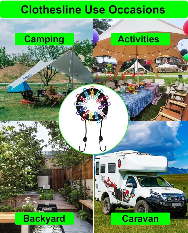 Travel Washing Line 2 Pcs - Portable Camping Washing Line with 12 Colorful Pegs - Elastic Retractable Clothes Line for Indoor and Outdoor (Black) 2