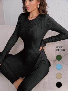 Women's Solid Split Top & Elastic Waist Pants Ribbed Set, Long Sleeve Round Neck Top & High Waist Trousers Two-piece Set, Women's Fall & Winter Clothes