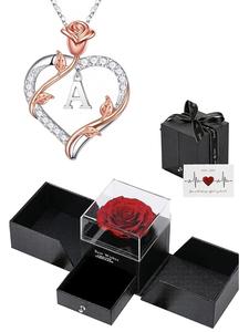 Heart & Letter Design Pendant Necklace with Rose Gift Box, Elegant Charm Necklace for Women & Girls, Trendy All-match & Exquisite Jewelry for Birthday Gift