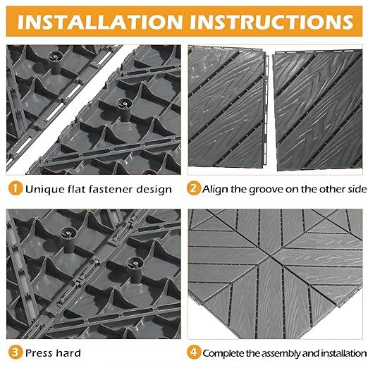 Plastic Interlocking Deck Tiles, 27 Pack, 11.8"x11.8" Waterproof Flooring Tiles for Indoor and Outdoor, Dark Grey ,Patio Floor Decking Tiles for Porch Poolside Balcony Backyard, BRANDED 4