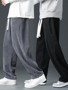 Men's Solid Pocket Drawstring Waist Corduroy Pants, Casual Comfy Loose Straight Leg Trousers for Fall & Winter, Men's Bottoms for Daily Wear