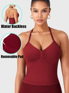 Women's Solid Halter Removable Chest Pad Sports Singlet, Sporty Backless Sleeveless Top for Yoga Gym Workout, Ladies Sportswear for Summer