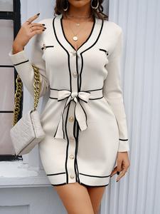 Women's Contrast Binding Pocket Short Dress with Waist Belt Design, Elegant Long Sleeve V Neck A Line Dress for Spring & Fall, Ladies Clothes for Work Office Business, Dresses for Women